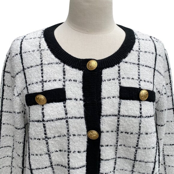 Marled Check Chenille Grannycore Button Cardigan Old Money Coastal Grandma-L - Picture 2 of 12